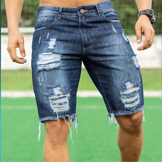 Blue Ripped Straight Leg Half Length Denim Pants